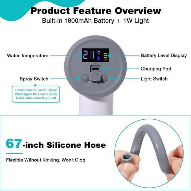Alt view image 7 of 7 - Portable Shower for Camping with Light, All-in-One Portable Camping Shower Pump, Temperature Display, 2 Spray Modes Rechargeable Portable Outdoor Shower Head for Beach, Hiking, RV, Pet Wash