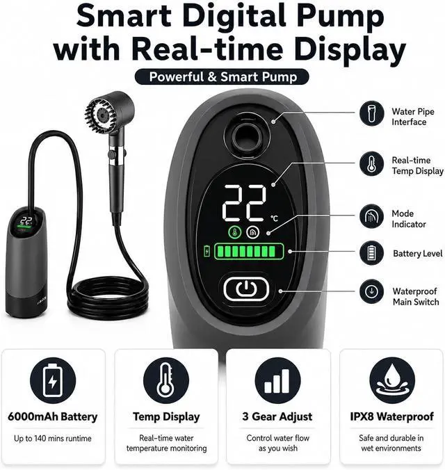 Alt view image 2 of 4 - Portable Camping Shower Kit, 6000mAh Rechargeable Shower Pump, Digital Thermometer, 4-Mode Shower Head, IPX8 Waterproof for Hiking, Travel, Car Washing & Pet Bath