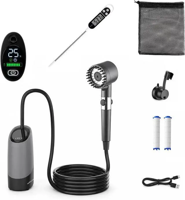 Main image of Portable Camping Shower Kit, 6000mAh Rechargeable Shower Pump, Digital Thermometer, 4-Mode Shower Head, IPX8 Waterproof for Hiking, Travel, Car Washing & Pet Bath