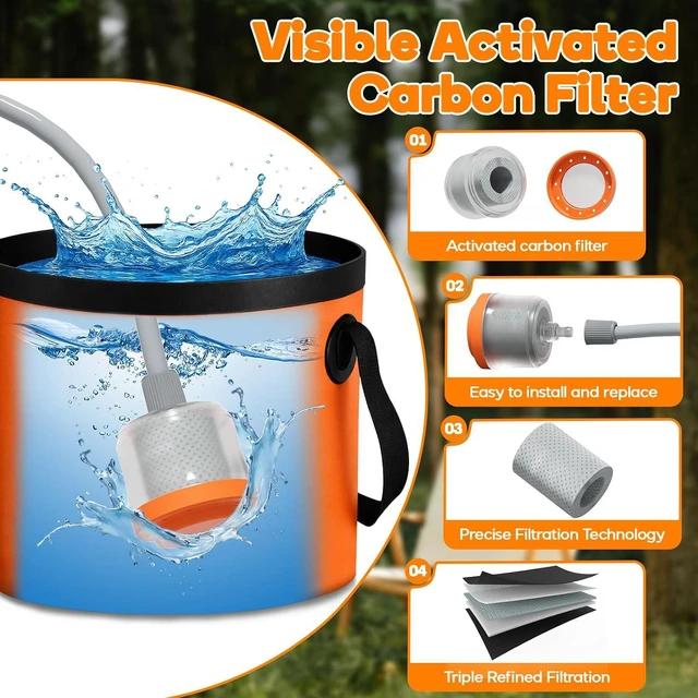 Alt view image 3 of 7 - Rechargeable Camping Shower with Immersion Heater LED Shower Head with Filter Pump, 6.6 Gal Foldable Bucket for Travel, Pet Bath & Car Wash
