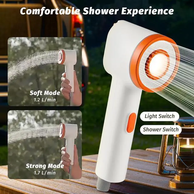 Alt view image 4 of 7 - Portable Camping Shower, 2500mAh Rechargeable Camping Shower Built-in Light,2 Spray Modes, IPX6 Waterproof Outdoor Camp Pump with Filter for RV, Boat, Beach, Hiking