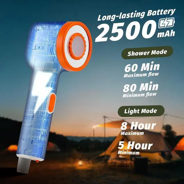 Alt view image 6 of 7 - Portable Camping Shower, 2500mAh Rechargeable Camping Shower Built-in Light,2 Spray Modes, IPX6 Waterproof Outdoor Camp Pump with Filter for RV, Boat, Beach, Hiking