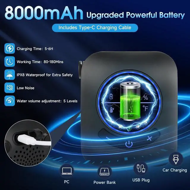 Alt view image 3 of 6 - Portable Shower with Water HeaterCamping Shower Pump with 8000mAh Battery, 5-Speed Settings, LCD Display, 6L/min, IPX8Portable Shower Head for Camping, Hiking, Car, Pets
