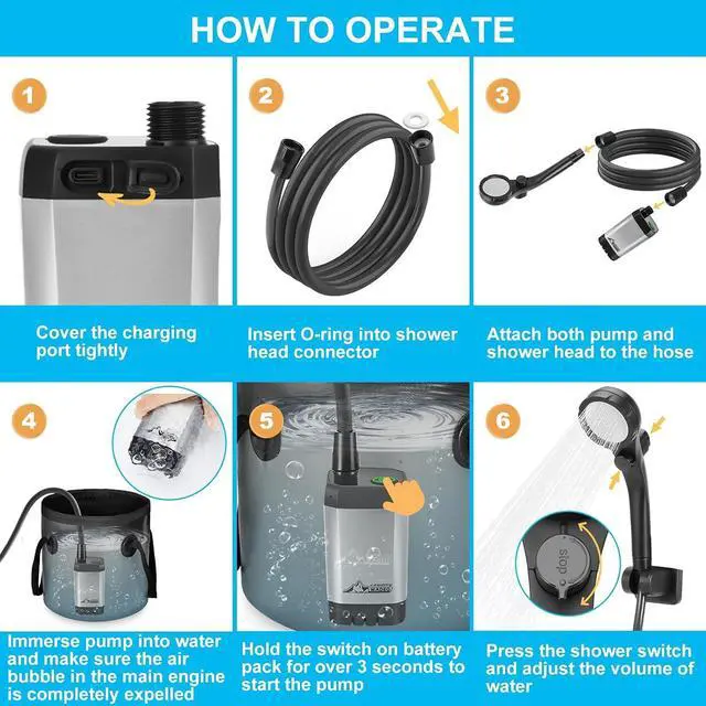 Alt view image 7 of 7 - Portable Shower for Camping, 6000mAh Outdoor Electric Shower Rechargeable Pump with ligent Digital Display, Camping Shower Head Nozzle for Camping, Hiking, Traveling, Washing