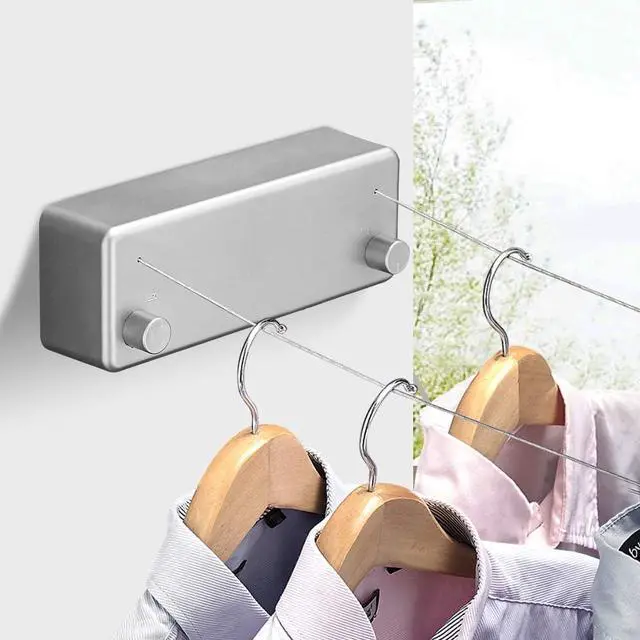 Alt view image 2 of 6 - Retractable Double Clothesline Laundry Indoor Washing Clothes Line | Adjustable Stainless Steel Clothes Dryer Rope String, Hotel Style Heavy Duty, 13.8 Feets, Wall Mounted, Silver ABS Aluminum