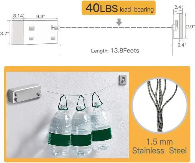 Alt view image 5 of 6 - Retractable Double Clothesline Laundry Indoor Washing Clothes Line | Adjustable Stainless Steel Clothes Dryer Rope String, Hotel Style Heavy Duty, 13.8 Feets, Wall Mounted, Silver ABS Aluminum