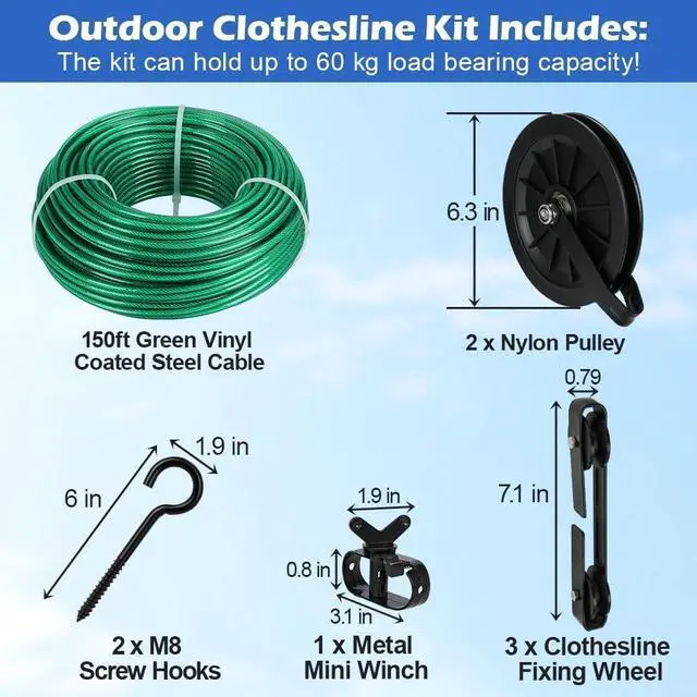 Alt view image 2 of 7 - Outdoor Clothesline Kit, 150ft Clothes Line Pulley Kit | 3/16 Green PVC Coated Galvanized Cable, 6.3" Clothesline Pulleys, 3 Separators, M8 Hooks & Tightener for Backyard Drying