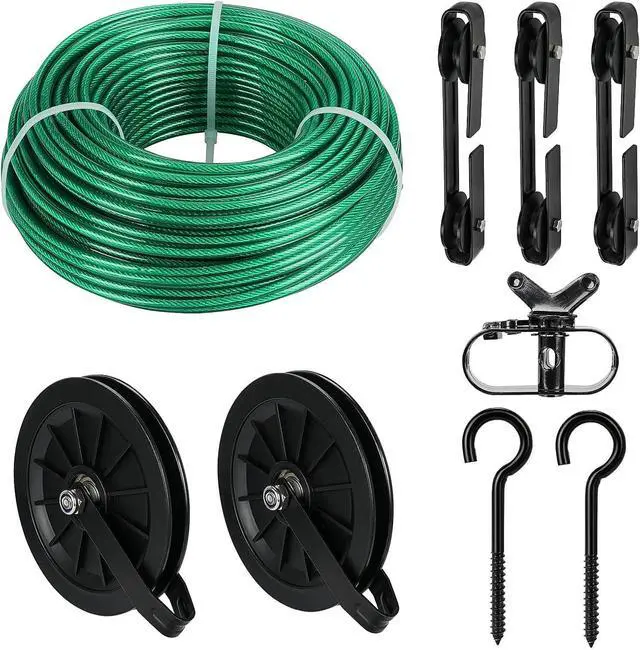 Main image of Outdoor Clothesline Kit, 150ft Clothes Line Pulley Kit | 3/16 Green PVC Coated Galvanized Cable, 6.3" Clothesline Pulleys, 3 Separators, M8 Hooks & Tightener for Backyard Drying
