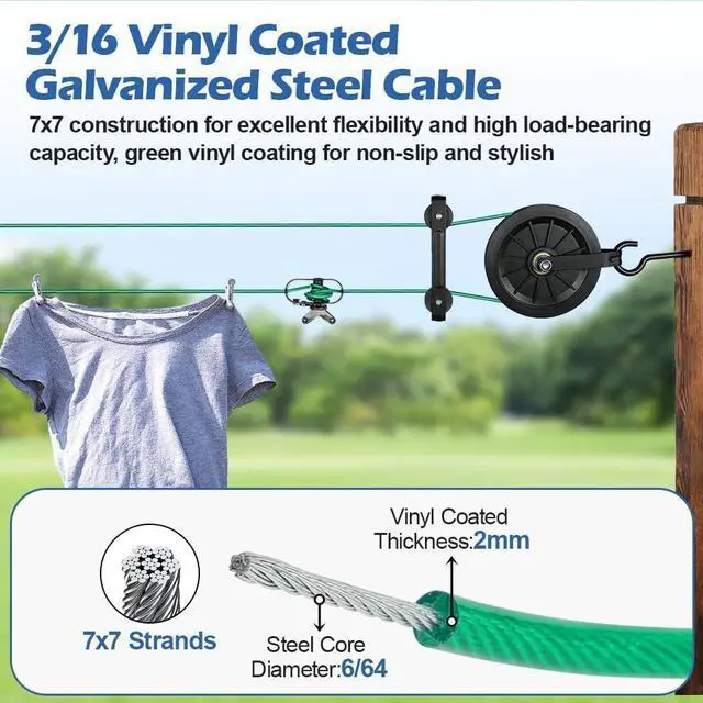 Alt view image 3 of 7 - Outdoor Clothesline Kit, 150ft Clothes Line Pulley Kit | 3/16 Green PVC Coated Galvanized Cable, 6.3" Clothesline Pulleys, 3 Separators, M8 Hooks & Tightener for Backyard Drying