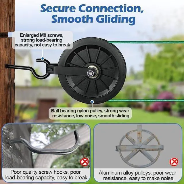 Alt view image 4 of 7 - Outdoor Clothesline Kit, 150ft Clothes Line Pulley Kit | 3/16 Green PVC Coated Galvanized Cable, 6.3" Clothesline Pulleys, 3 Separators, M8 Hooks & Tightener for Backyard Drying