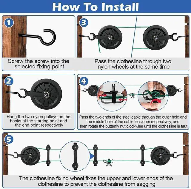 Alt view image 6 of 7 - Outdoor Clothesline Kit, 150ft Clothes Line Pulley Kit | 3/16 Green PVC Coated Galvanized Cable, 6.3" Clothesline Pulleys, 3 Separators, M8 Hooks & Tightener for Backyard Drying