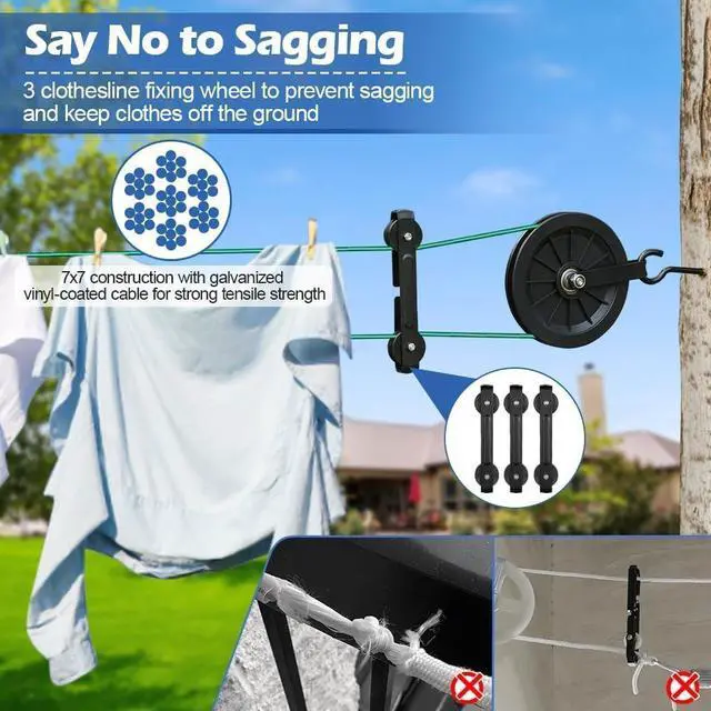 Alt view image 5 of 7 - Outdoor Clothesline Kit, 150ft Clothes Line Pulley Kit | 3/16 Green PVC Coated Galvanized Cable, 6.3" Clothesline Pulleys, 3 Separators, M8 Hooks & Tightener for Backyard Drying