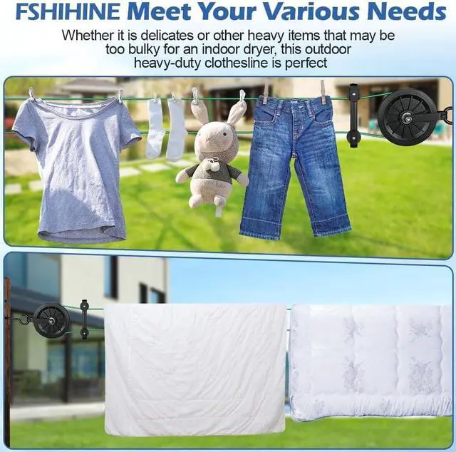 Alt view image 7 of 7 - Outdoor Clothesline Kit, 150ft Clothes Line Pulley Kit | 3/16 Green PVC Coated Galvanized Cable, 6.3" Clothesline Pulleys, 3 Separators, M8 Hooks & Tightener for Backyard Drying