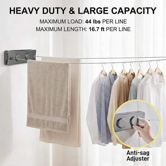 Alt view image 2 of 7 - Retractable Clothesline Indoor Outdoor Clothes Line | Heavy Duty 44 lb Clothes Drying Laundry Line | Wall Mounted Double Clothing Line 16.7 ft | Non-Sagging Easy Install for Courtyards