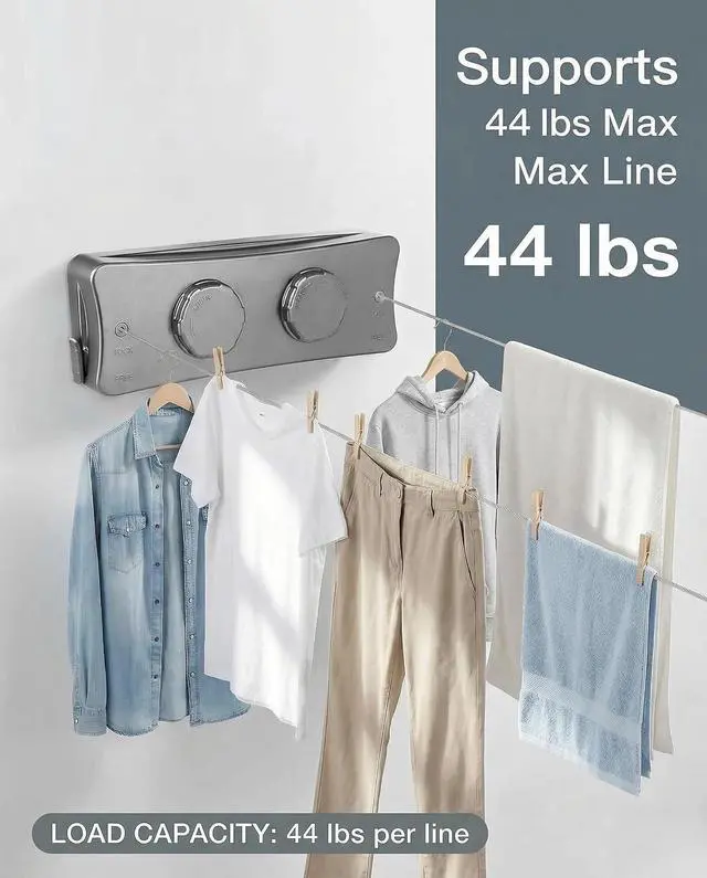 Alt view image 3 of 7 - Retractable Clothesline Indoor Outdoor Clothes Line | Heavy Duty 44 lb Clothes Drying Laundry Line | Wall Mounted Double Clothing Line 16.7 ft | Non-Sagging Easy Install for Courtyards