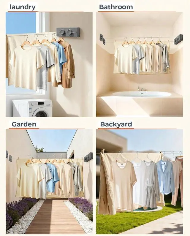 Alt view image 7 of 7 - Retractable Clothesline Indoor Outdoor Clothes Line | Heavy Duty 44 lb Clothes Drying Laundry Line | Wall Mounted Double Clothing Line 16.7 ft | Non-Sagging Easy Install for Courtyards