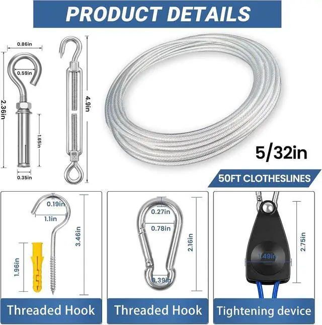 Alt view image 2 of 7 - 50FT Outdoor Clothesline Wire Rope System, Adjustable Steel Laundry Line with Pulley & Turnbuckle, Heavy Duty Clothes Line for Backyard, Travel & Outdoor Drying (Clear)