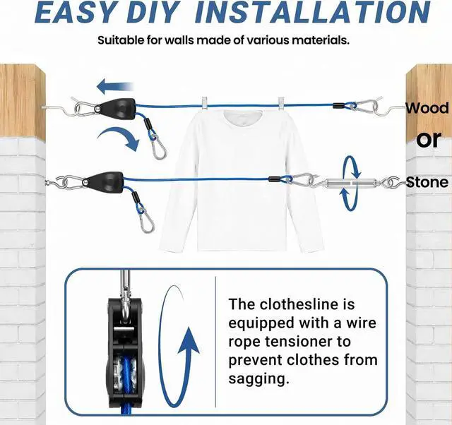 Alt view image 7 of 7 - 50FT Outdoor Clothesline Wire Rope System, Adjustable Steel Laundry Line with Pulley & Turnbuckle, Heavy Duty Clothes Line for Backyard, Travel & Outdoor Drying (Clear)