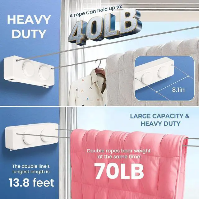 Alt view image 5 of 7 - Retractable Clothesline Indoor Outside Heavy-Duty, Upgrade 304 Double Stainless Steel Shower Room Clothes line, Fit Rv Balcony Courtyards Indoor Drying Rack Clothesline, 13.8ft