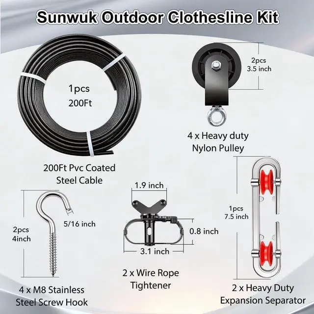 Alt view image 3 of 6 - Clothesline Kit, Heavy Duty Clothesline Kit with 3/16" 200Ft PVC Coated Clothes Line Wires, Clothesline Nylon Pulley, Perfect for Drying Clothes Outside