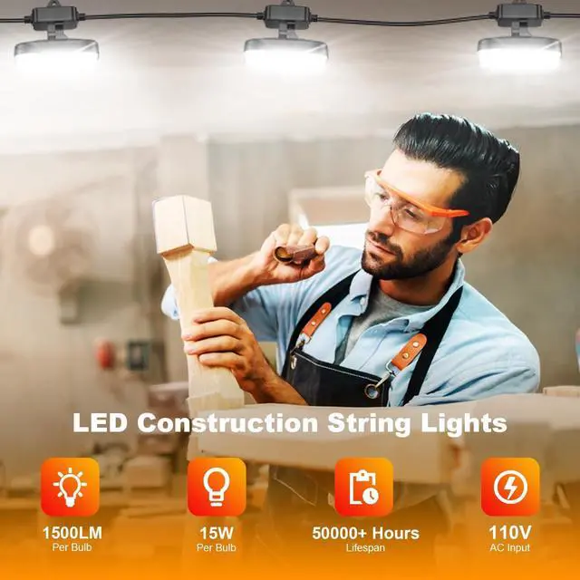 Alt view image 2 of 7 - 50ft LED Construction String Lights, 75w 7500lm, Adjuest 90&180 Degrees On Both Sides, Waterproof IP66 5000K Super Bright Temporary Lighting for Construction Site, Job Site, Work Site