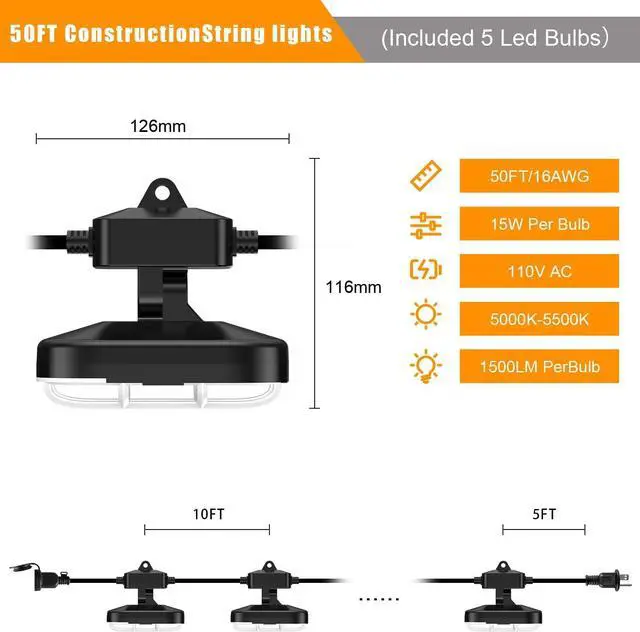 Alt view image 3 of 7 - 50ft LED Construction String Lights, 75w 7500lm, Adjuest 90&180 Degrees On Both Sides, Waterproof IP66 5000K Super Bright Temporary Lighting for Construction Site, Job Site, Work Site