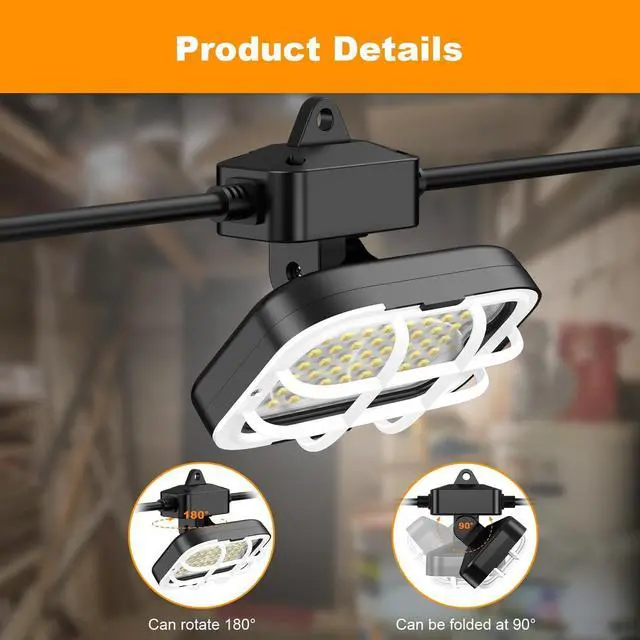 Alt view image 4 of 7 - 50ft LED Construction String Lights, 75w 7500lm, Adjuest 90&180 Degrees On Both Sides, Waterproof IP66 5000K Super Bright Temporary Lighting for Construction Site, Job Site, Work Site