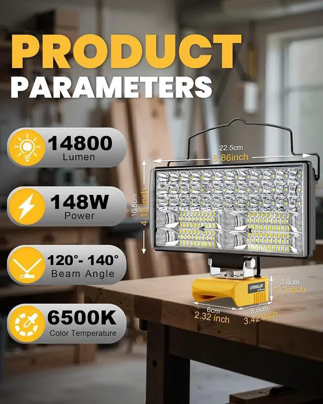 Alt view image 2 of 7 - LED Work Light Compatible with DeWalt 20V Battery, 14800LM 148W Cordless Flood Light, 7" Wide Beam, USB & Type-C Charging, Battery Protection, 140° Adjustable Head, Portable Jobsite Light (Tool Only)
