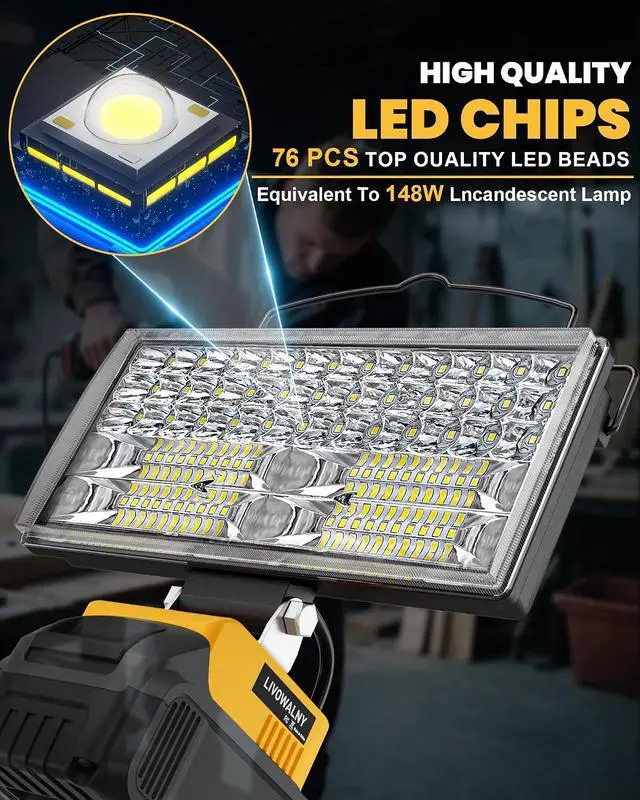 Alt view image 3 of 7 - LED Work Light Compatible with DeWalt 20V Battery, 14800LM 148W Cordless Flood Light, 7" Wide Beam, USB & Type-C Charging, Battery Protection, 140° Adjustable Head, Portable Jobsite Light (Tool Only)