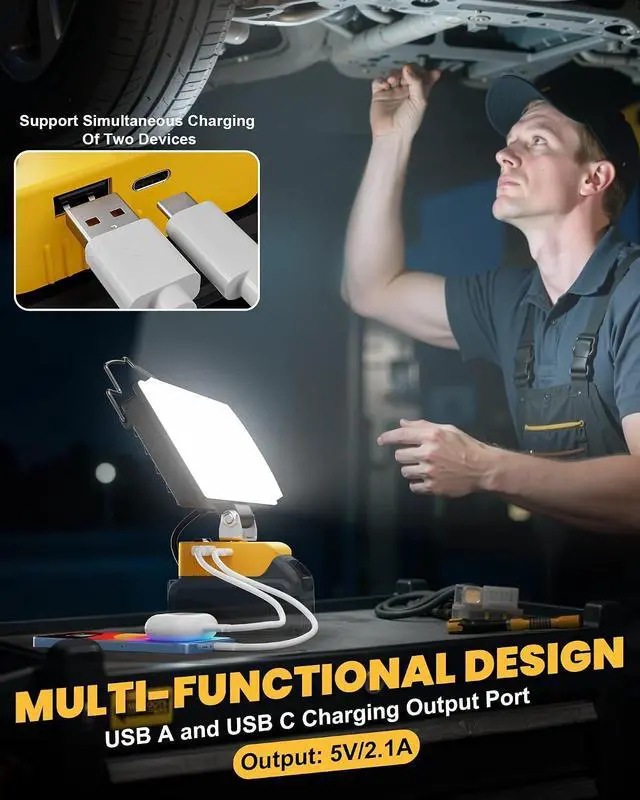 Alt view image 4 of 7 - LED Work Light Compatible with DeWalt 20V Battery, 14800LM 148W Cordless Flood Light, 7" Wide Beam, USB & Type-C Charging, Battery Protection, 140° Adjustable Head, Portable Jobsite Light (Tool Only)