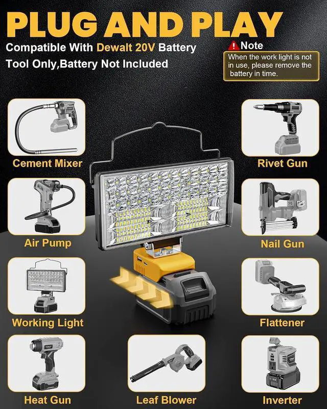 Alt view image 6 of 7 - LED Work Light Compatible with DeWalt 20V Battery, 14800LM 148W Cordless Flood Light, 7" Wide Beam, USB & Type-C Charging, Battery Protection, 140° Adjustable Head, Portable Jobsite Light (Tool Only)