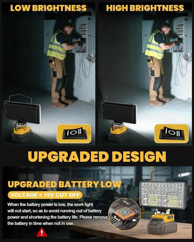 Alt view image 7 of 7 - LED Work Light Compatible with DeWalt 20V Battery, 14800LM 148W Cordless Flood Light, 7" Wide Beam, USB & Type-C Charging, Battery Protection, 140° Adjustable Head, Portable Jobsite Light (Tool Only)