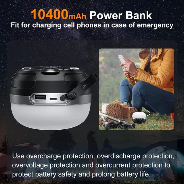 Alt view image 2 of 7 - LED Camping Lantern Rechargeable 1400LM, Up to 420H Running Time Camping Tent RGB Light, 10400mAh Emergency Hanging Light for Hurricane, Power Outages, Home, Hiking, Bright Black