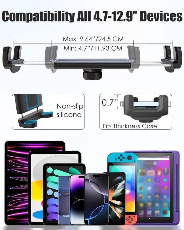 Alt view image 5 of 7 - Metal Gooseneck Tablet Mount with Anti-Slip Silicone, Universal Clamp-On Round Tube iPad Holder for Indoor Cycling Bike, Gym Bike, Elliptical & Rowing Machine, Fits 4-13in Tablets & More