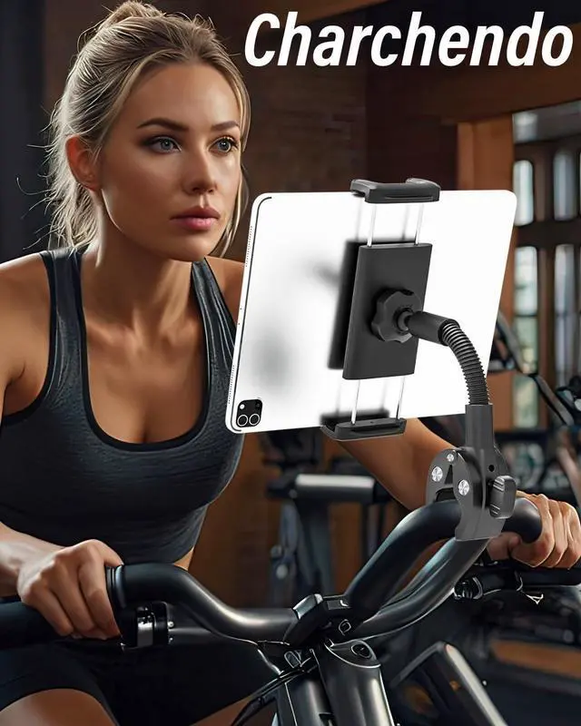 Alt view image 7 of 7 - Metal Gooseneck Tablet Mount with Anti-Slip Silicone, Universal Clamp-On Round Tube iPad Holder for Indoor Cycling Bike, Gym Bike, Elliptical & Rowing Machine, Fits 4-13in Tablets & More