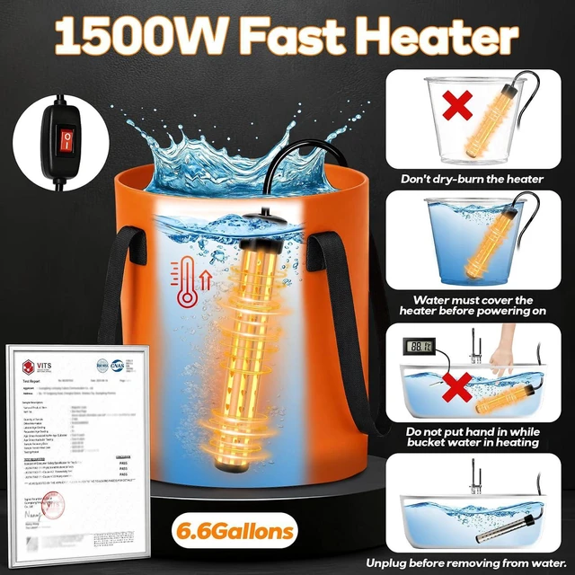 Alt view image 4 of 7 - Rechargeable Camping Shower with Immersion Heater LED Shower Head with Filter Pump, 6.6 Gal Foldable Bucket for Travel, Pet Bath & Car Wash