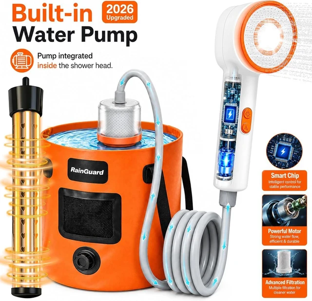 Alt view image 2 of 7 - Rechargeable Camping Shower with Immersion Heater LED Shower Head with Filter Pump, 6.6 Gal Foldable Bucket for Travel, Pet Bath & Car Wash
