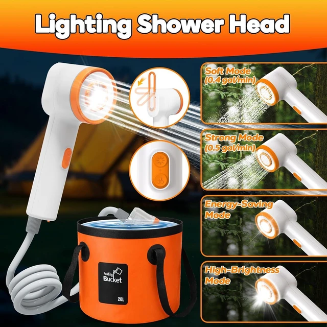 Alt view image 5 of 7 - Rechargeable Camping Shower with Immersion Heater LED Shower Head with Filter Pump, 6.6 Gal Foldable Bucket for Travel, Pet Bath & Car Wash