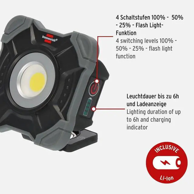 Alt view image 3 of 7 - Battery LED Work Spotlight SH 1000 MA (1000 lm, IP54, Battery LED Work Light with Magnet and Carabiner Ring, Robust Housing), Black, Grey