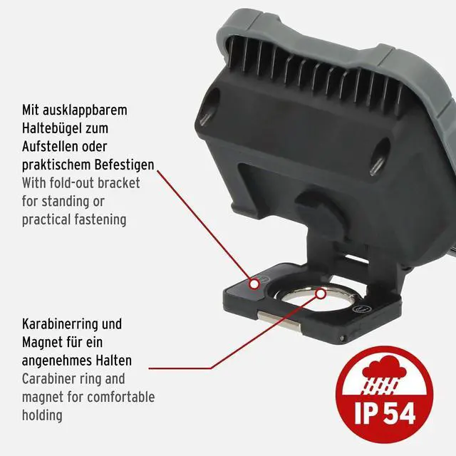 Alt view image 4 of 7 - Battery LED Work Spotlight SH 1000 MA (1000 lm, IP54, Battery LED Work Light with Magnet and Carabiner Ring, Robust Housing), Black, Grey