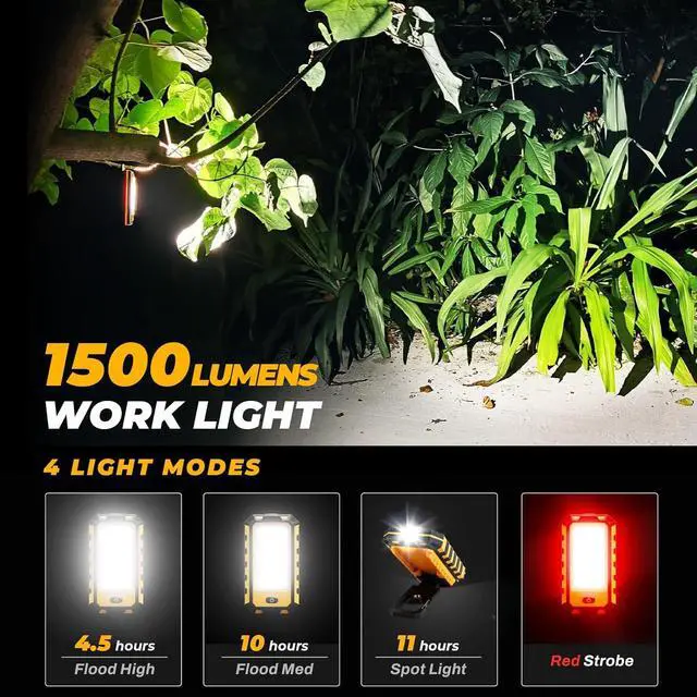 Alt view image 2 of 7 - Rechargeable LED Work Light 2 Pack, 1500LM Magnetic Flashlight | Red strobe, spotlight, 4000mAh battery, 4.5-11 hr runtime, USB-C charge, USB-A output, carabiner, tripod mount for repairs
