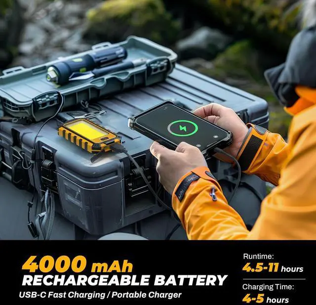 Alt view image 5 of 7 - Rechargeable LED Work Light 2 Pack, 1500LM Magnetic Flashlight | Red strobe, spotlight, 4000mAh battery, 4.5-11 hr runtime, USB-C charge, USB-A output, carabiner, tripod mount for repairs