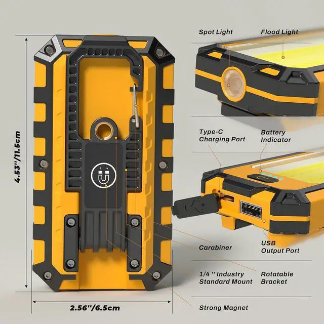 Alt view image 4 of 7 - Rechargeable LED Work Light 2 Pack, 1500LM Magnetic Flashlight | Red strobe, spotlight, 4000mAh battery, 4.5-11 hr runtime, USB-C charge, USB-A output, carabiner, tripod mount for repairs