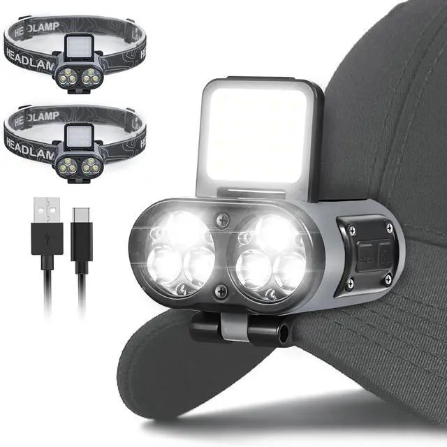 Main image of 2 Pack LED Hard Hat Light, 900LM Rechargeable Dimmable Clip on Cap Lights | 2-in-1 Hat Light & Headlamp, 6 Modes, 180° Adjustable, Up to 80H Runtime, LCD Display, IPX4, Carabiners for Camping and Work