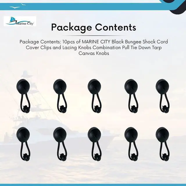Alt view image 7 of 7 - Black Bungee Shock Cord Cover Clips and Lacing Knobs Combination Pull Tie Down Tarp Canvas Knobs for Marine Boat, Yacht, Truck, Trailer Car and RV Covers (10pcs)