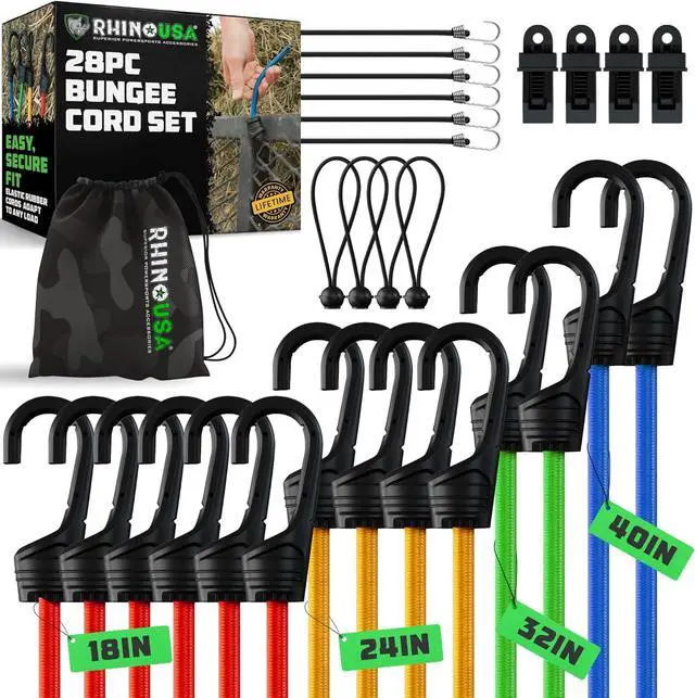 Alt view image 4 of 7 - Heavy Duty Bungee Cords & Straps Bundle 28-Piece Assorted Set + 12 Rubber Outdoor Bungees with Adjustable Hooks, Tarp Clips, Canopy Ties, Ball Bungie Weather & UV Resistant