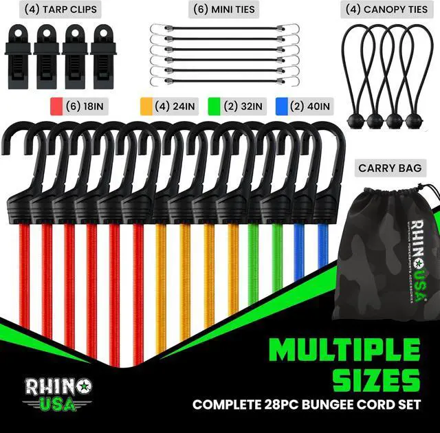 Alt view image 2 of 7 - Heavy Duty Bungee Cords & Straps Bundle 28-Piece Assorted Set + 12 Rubber Outdoor Bungees with Adjustable Hooks, Tarp Clips, Canopy Ties, Ball Bungie Weather & UV Resistant