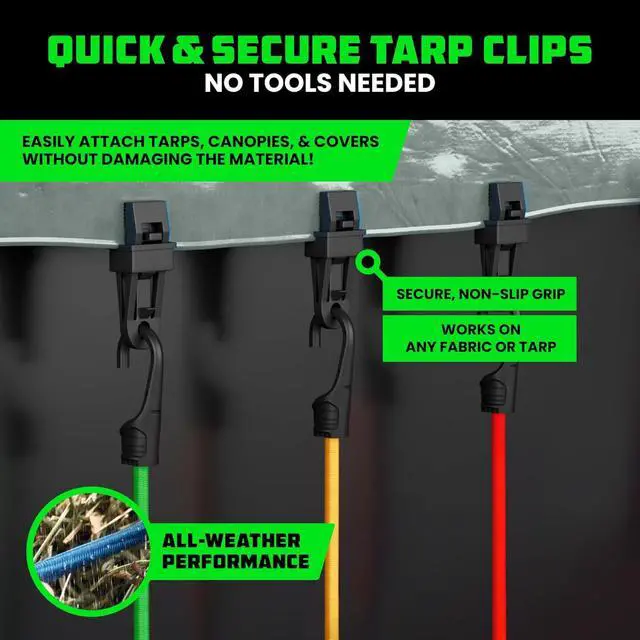 Alt view image 7 of 7 - Heavy Duty Bungee Cords & Straps Bundle 28-Piece Assorted Set + 12 Rubber Outdoor Bungees with Adjustable Hooks, Tarp Clips, Canopy Ties, Ball Bungie Weather & UV Resistant