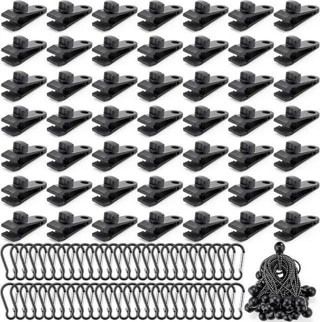 Main image of 150 Pcs Heavy Duty Tarp Clips Kit with Lock Fasteners Grip and Bungee Cords 3 in 1 Tarp Clips Fasteners and Bungee Cords Fit for Camping Tents Swimming Covers Caravans Canopies