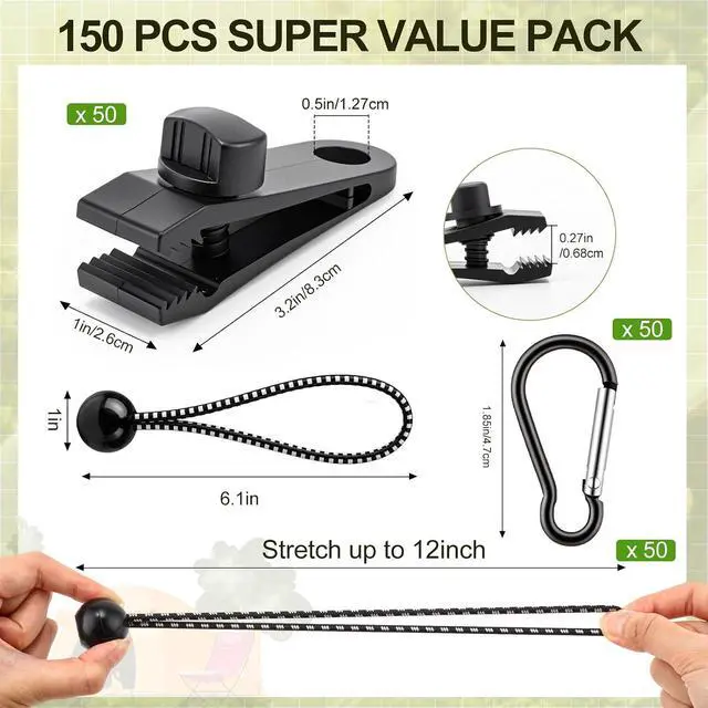 Alt view image 2 of 7 - 150 Pcs Heavy Duty Tarp Clips Kit with Lock Fasteners Grip and Bungee Cords 3 in 1 Tarp Clips Fasteners and Bungee Cords Fit for Camping Tents Swimming Covers Caravans Canopies